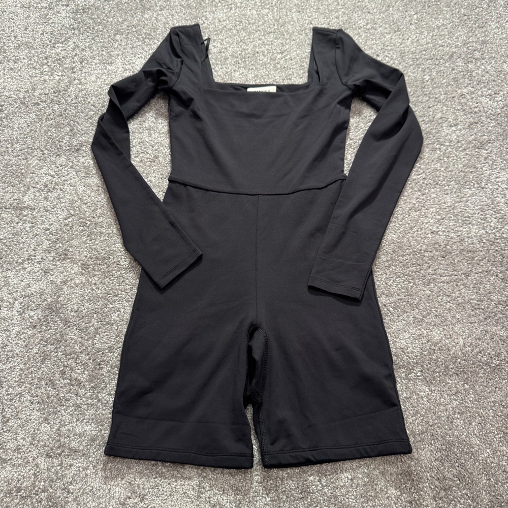 Babaton Romper Womens S Black Square Neck Long Sleeve Minimalist Athleisure Chic